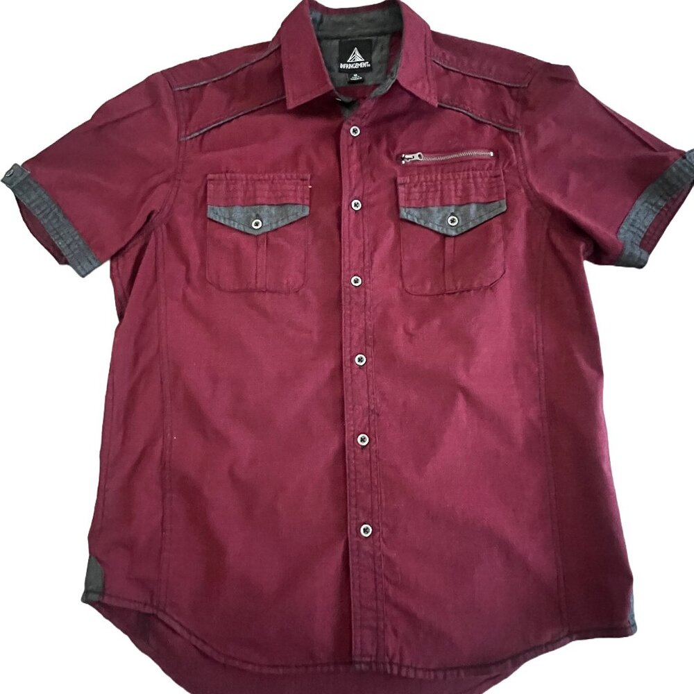 Infringement Men's Medium Short Sleeve Button Down Burgundy Shirt